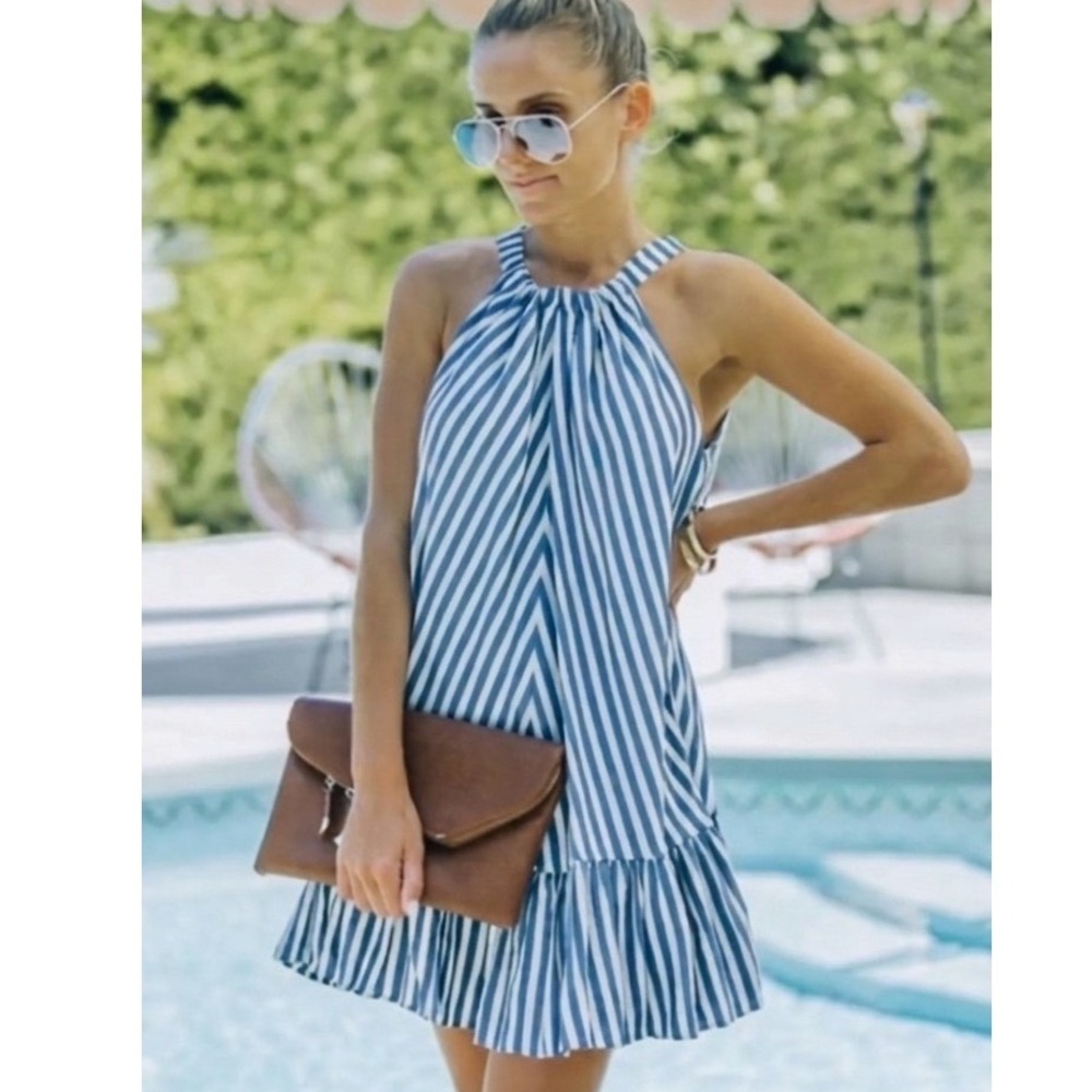Mustard Seed Halter Dress Womens Small Blue Striped Ruffle Coastal Summer S17837